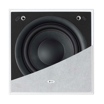 Front view of KEF Ci200QSb-THX Custom Install Subwoofer with half a grille showing