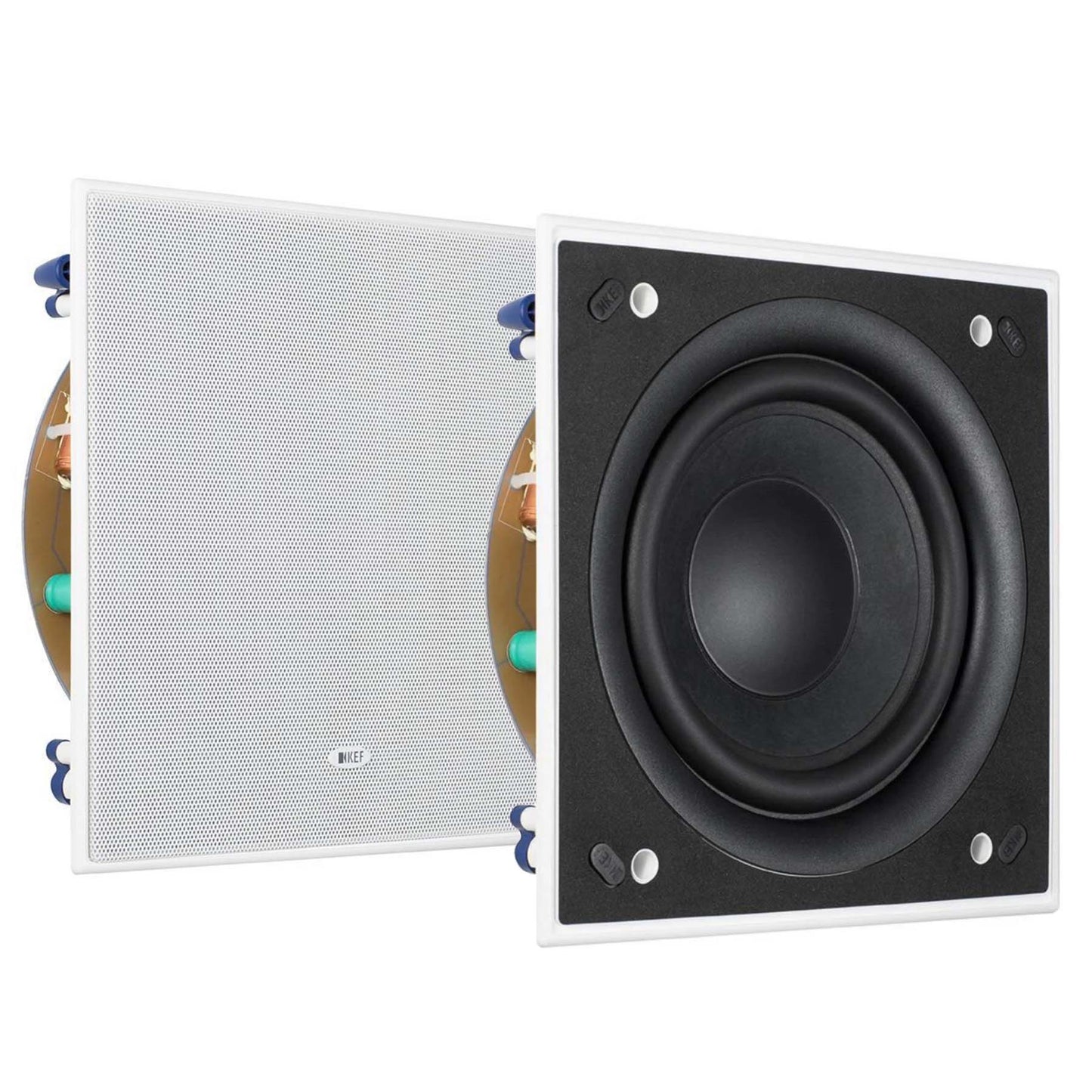 A pair of KEF Ci200QSb-THX Custom Install Subwoofers with grille and without