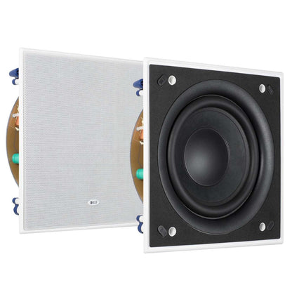 A pair of KEF Ci200QSb-THX Custom Install Subwoofers with grille and without