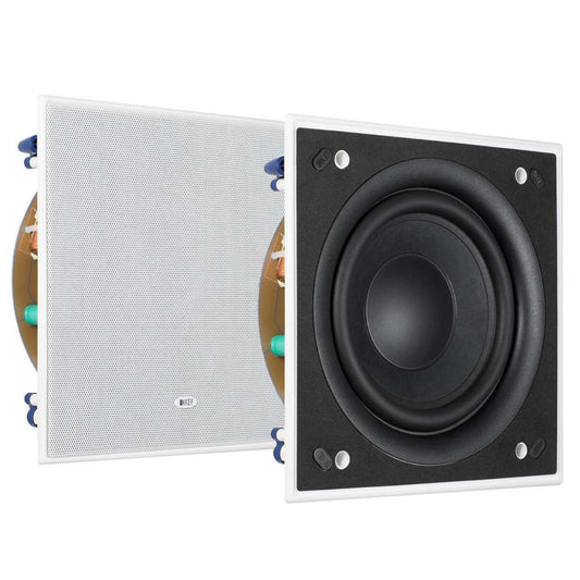 A pair of KEF Ci200QSb-THX Custom Install Subwoofers with grille and without