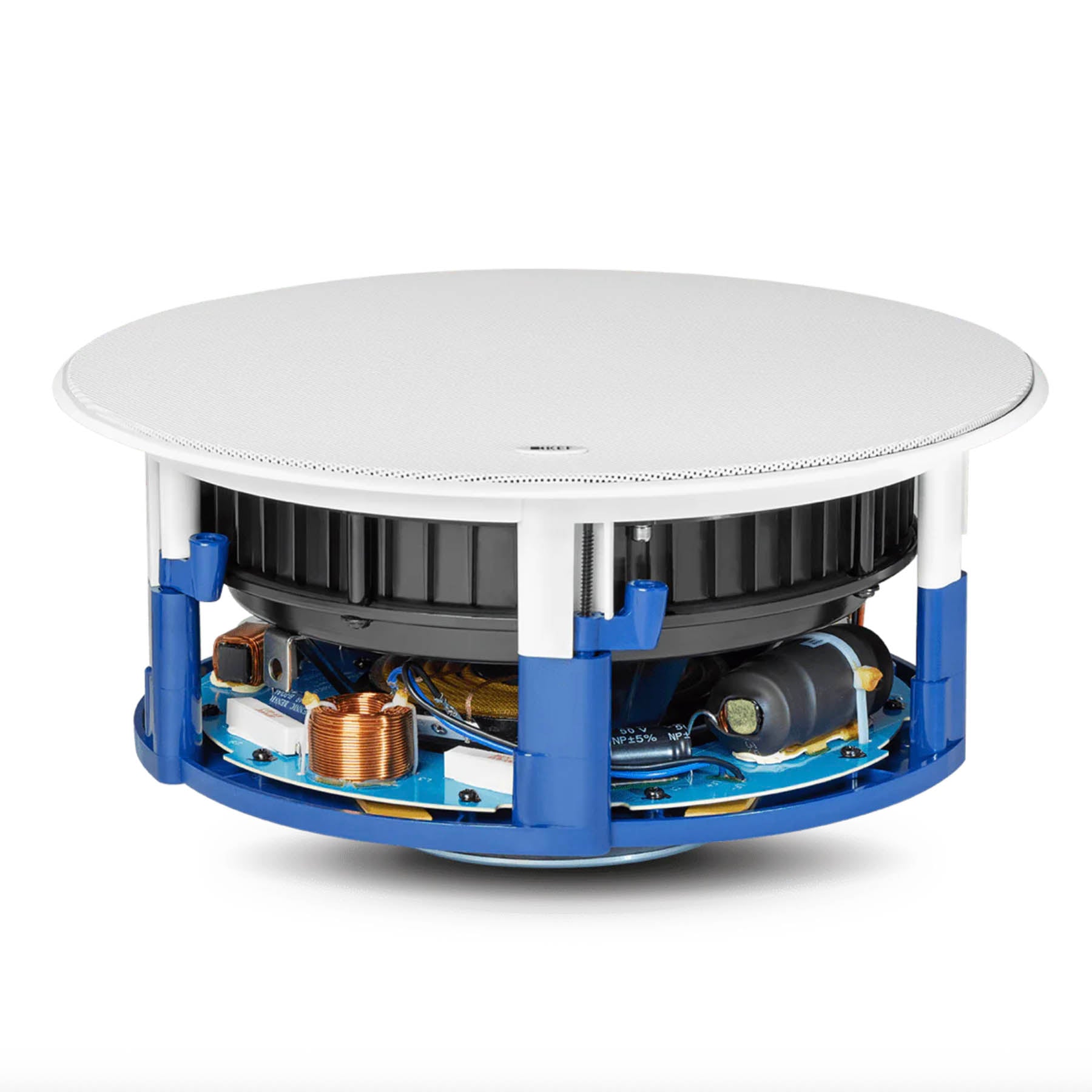 KEF Ci250RRM-THX In-Ceiling Speaker laying flat on a white surface with grille on