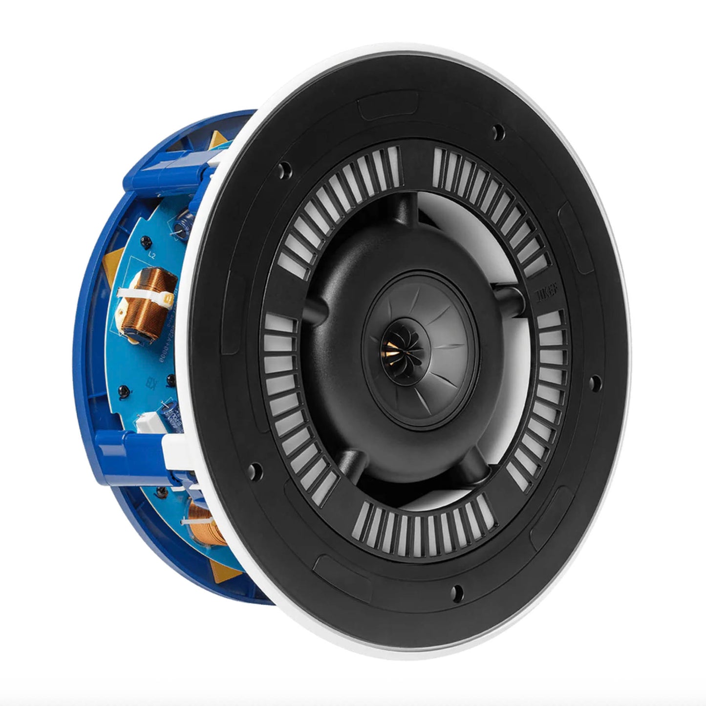 Angle view of KEF Ci250RRM-THX In-Ceiling Speaker with no grille