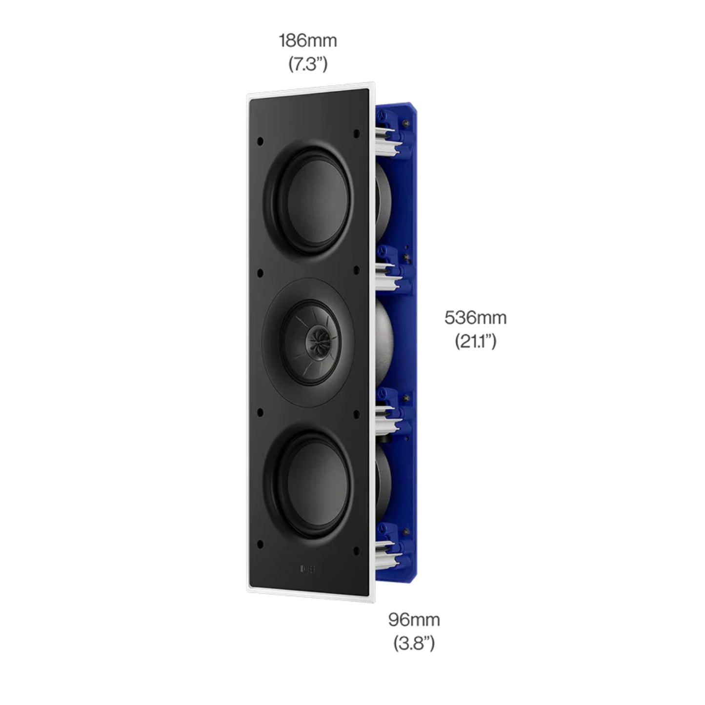KEF Ci3120QLM-THX In-Wall Speaker with dimensions labeled on a white background