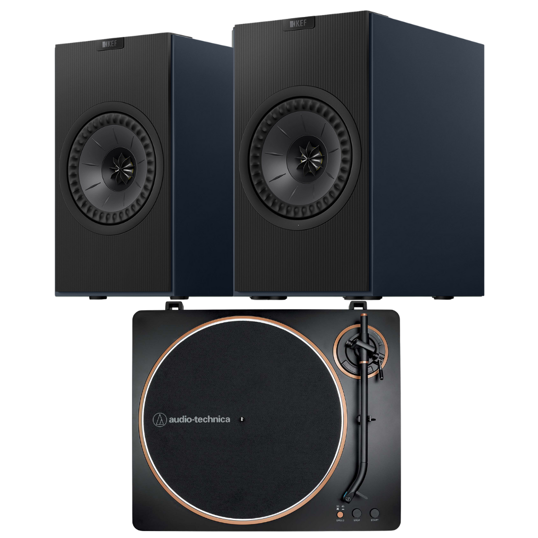 Blue KEF Coda W AT-LP70X Turntable System on white background