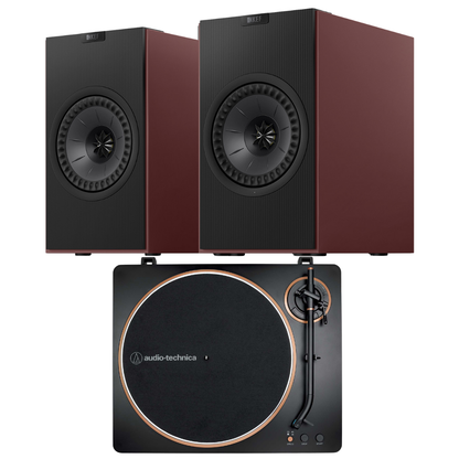 Burgundy KEF Coda W AT-LP70X Turntable System on white background