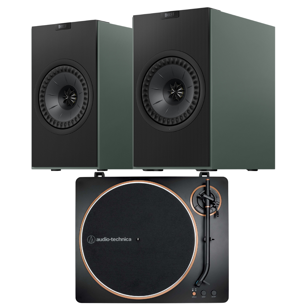 Green KEF Coda W AT-LP70X Turntable System on white background