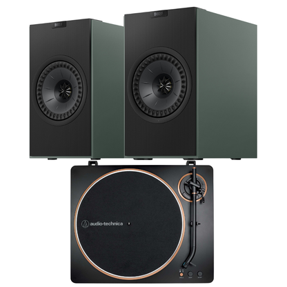 Green KEF Coda W AT-LP70X Turntable System on white background