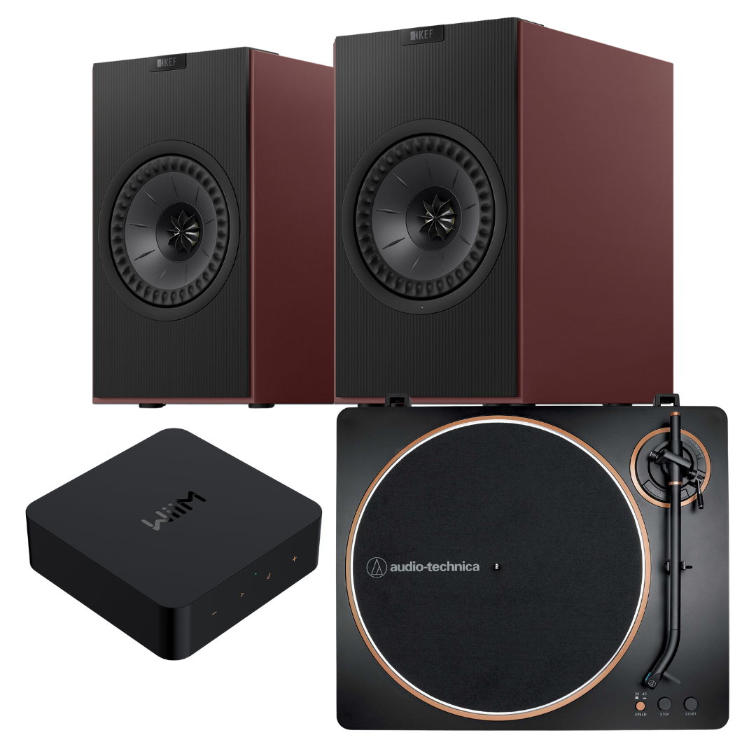 KEF Coda W Turntable Streaming System Burgundy on white background