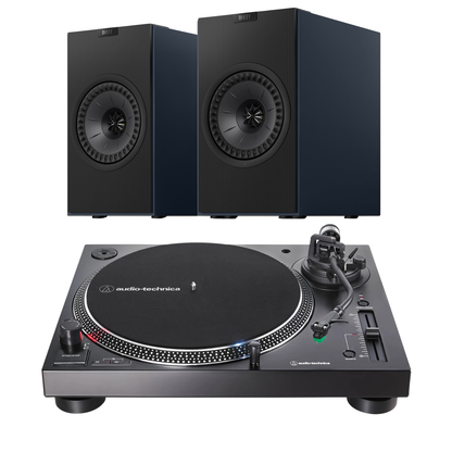 KEF Coda W AT-LP1200XBT-USB Turntable System in blue on white background