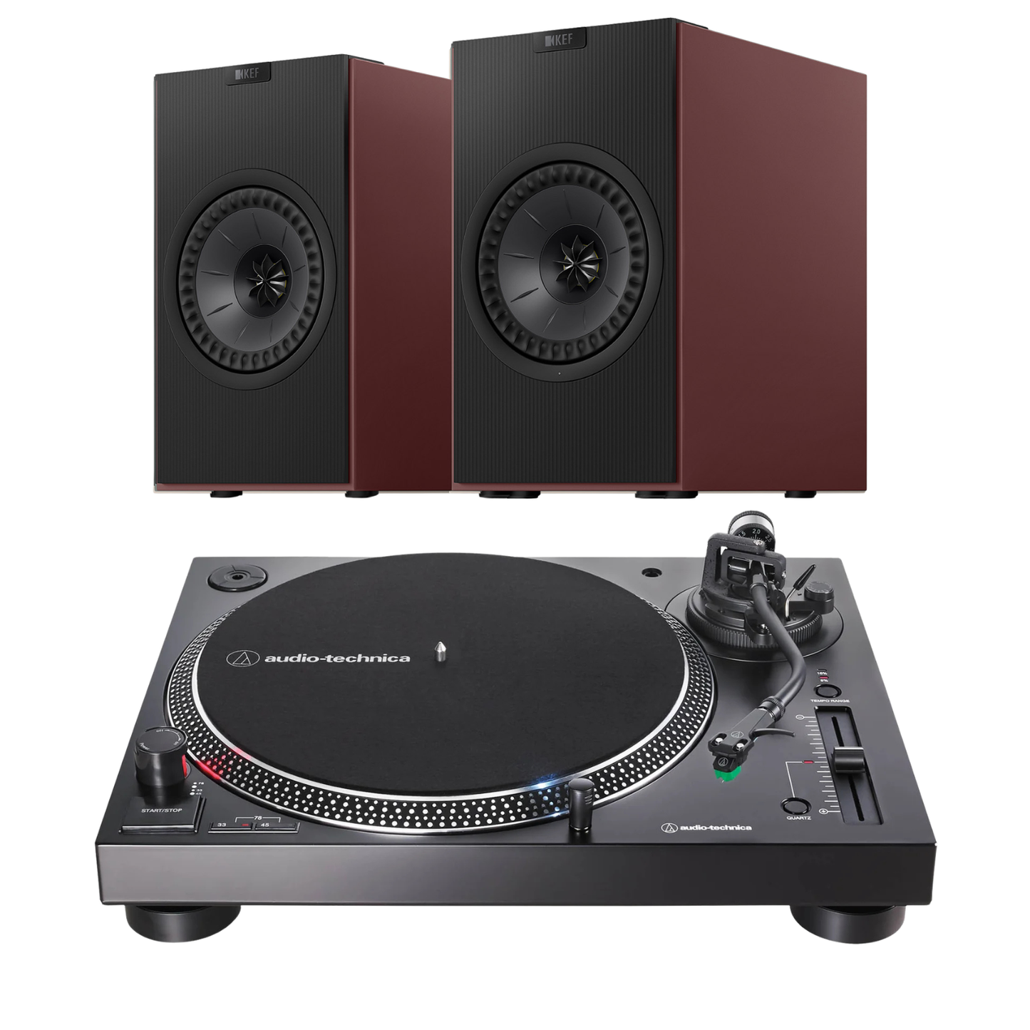 KEF Coda W AT-LP1200XBT-USB Turntable System in burgundy on white background