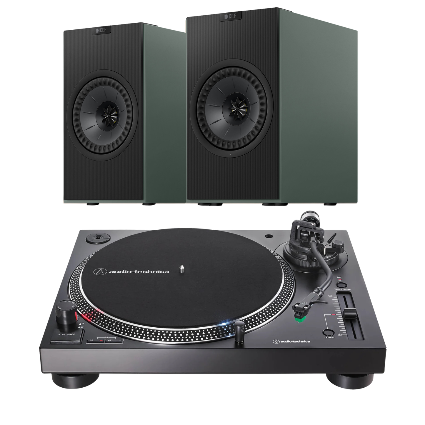 KEF Coda W AT-LP1200XBT-USB Turntable System in green on white background