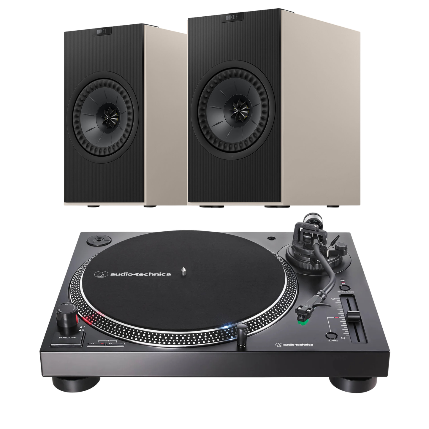 KEF Coda W AT-LP1200XBT-USB Turntable System in grey on white background