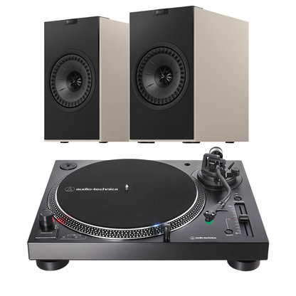 KEF Coda W AT-LP1200XBT-USB Turntable System in grey on white background