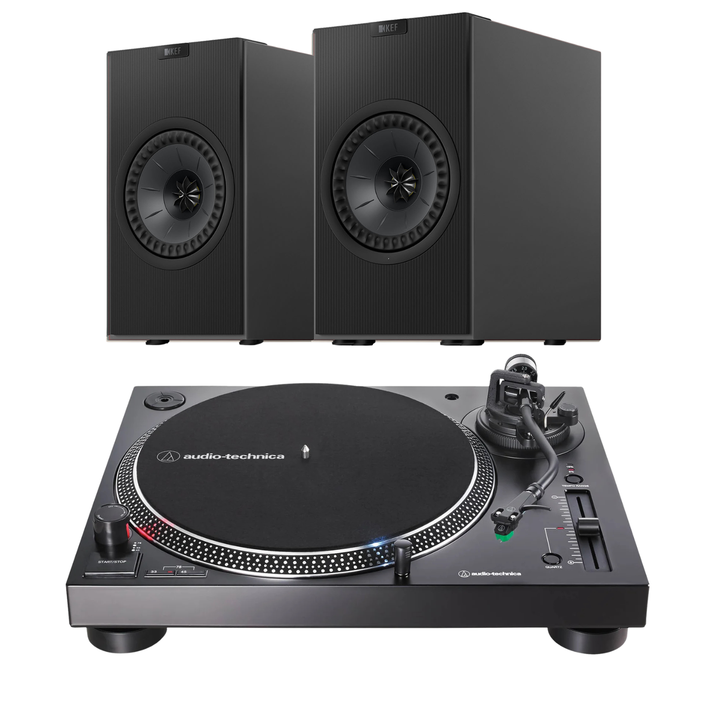 KEF Coda W AT-LP1200XBT-USB Turntable System in titanium on white background