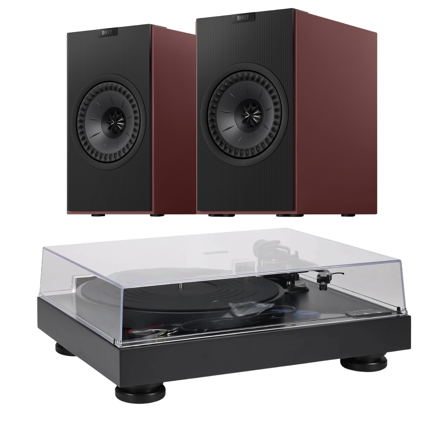 KEF Coda W AT-LP8X Turntable System in burgundy