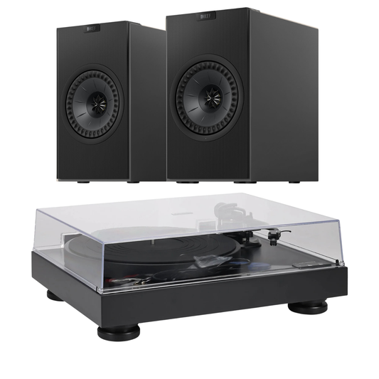 Pair of black speakers and a turntable with clear cover on a white background
