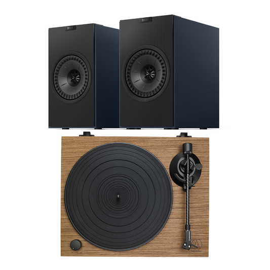 KEF Coda W AT-LPW40WN Turntable System in blue on white background