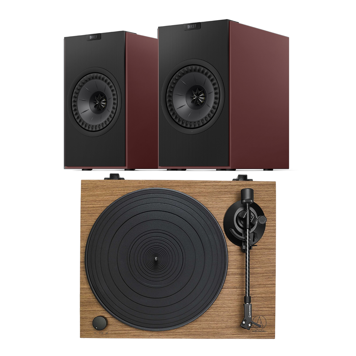 KEF Coda W AT-LPW40WN Turntable System in burgundy on white background