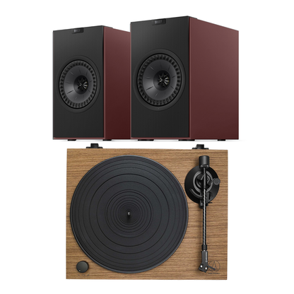 KEF Coda W AT-LPW40WN Turntable System in burgundy on white background