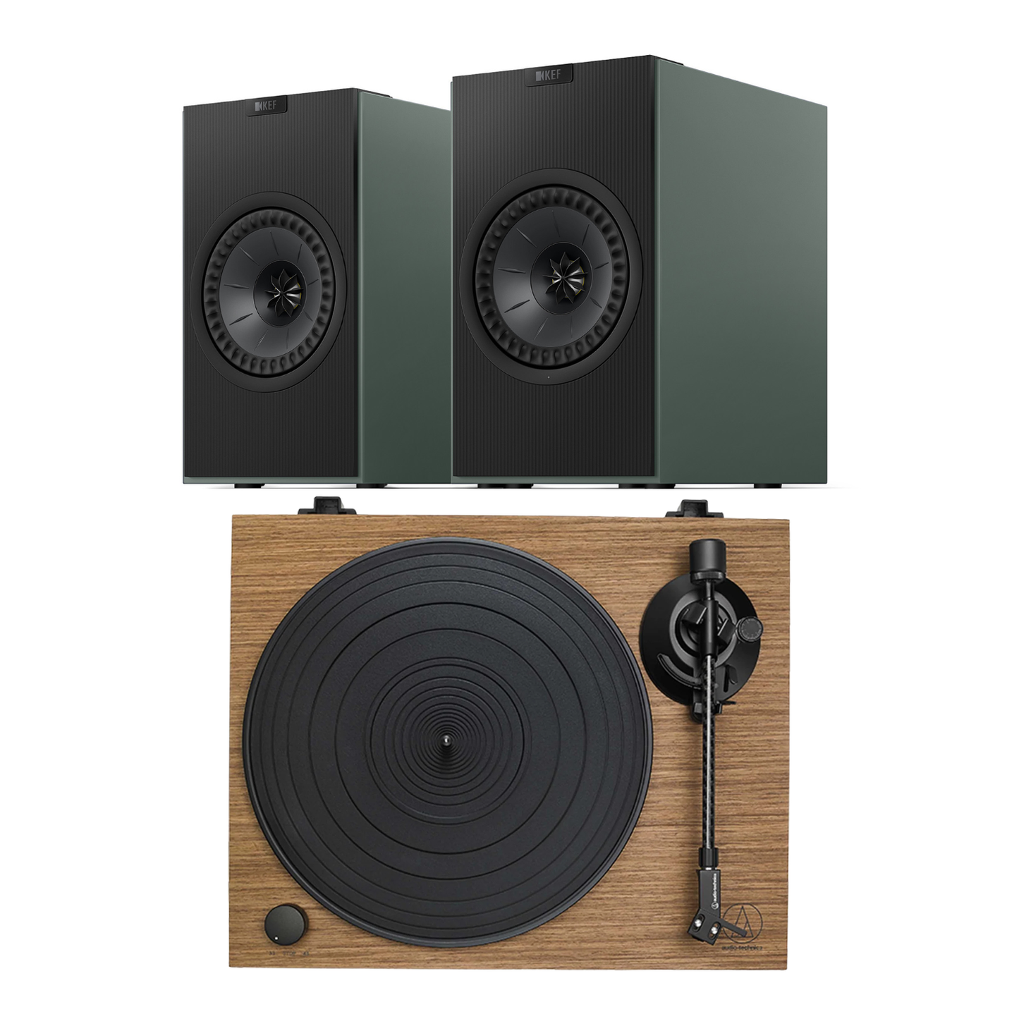 KEF Coda W AT-LPW40WN Turntable System in green on white background