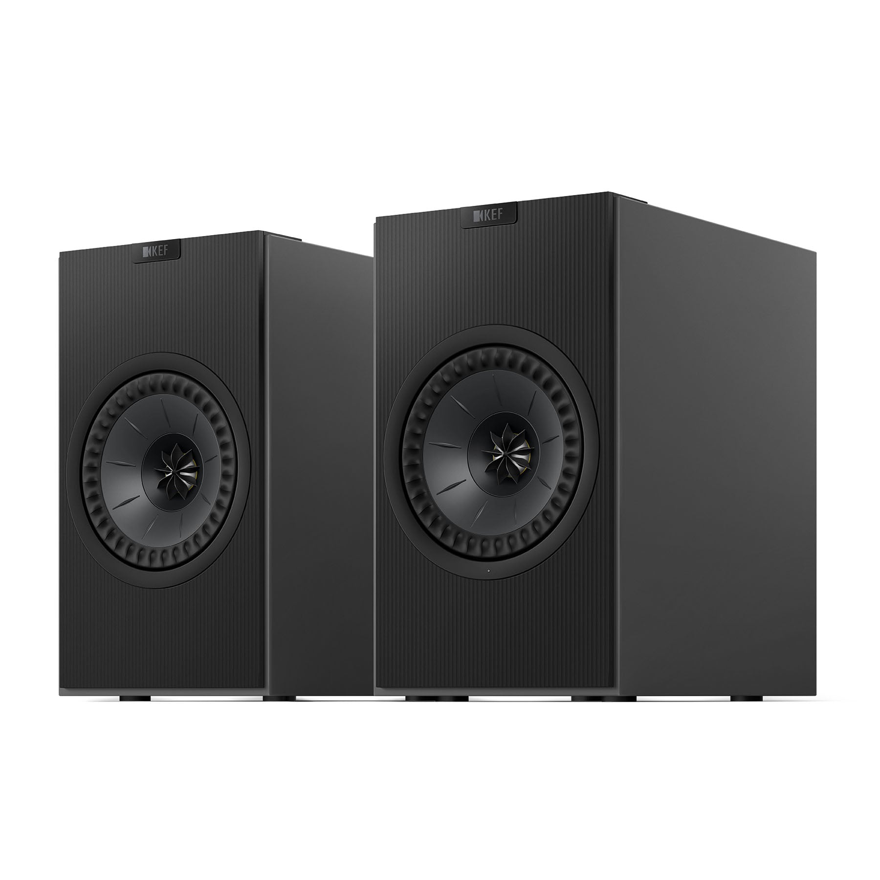 KEF Coda W Speakers in Dark Titanium on white background