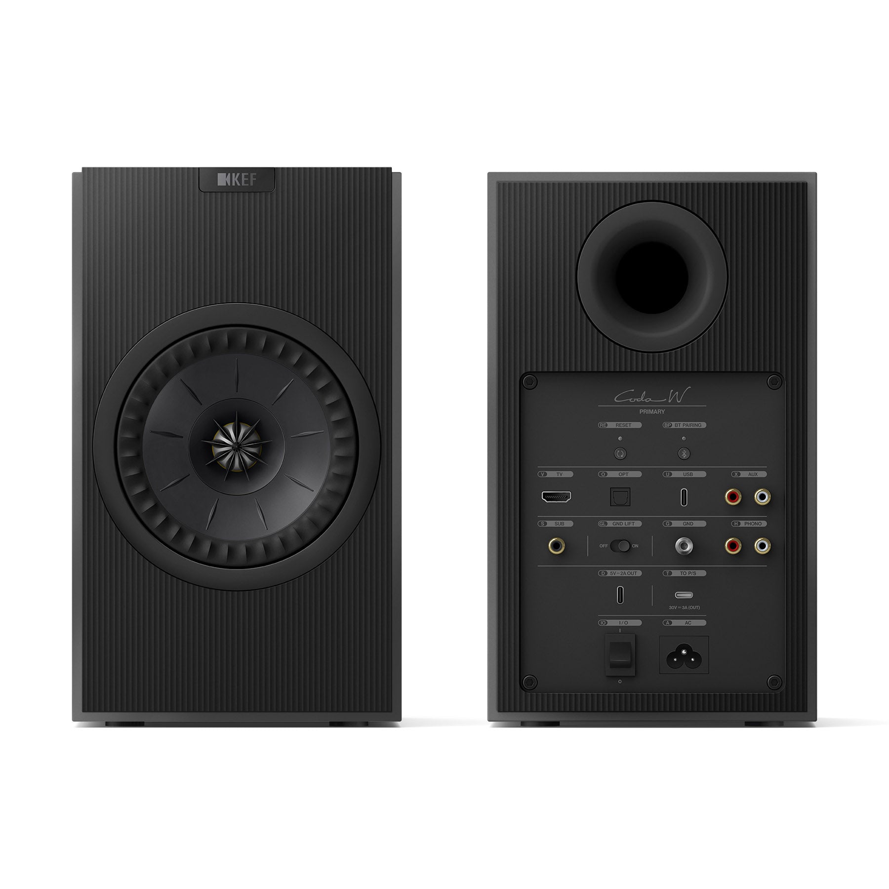 Front and rear view of KEF Coda W Speakers in Dark Titanium on white background