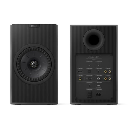 Front and rear view of KEF Coda W Speakers in Dark Titanium on white background