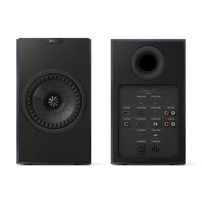 Front and rear view of KEF Coda W Speakers in midnight blue on white background