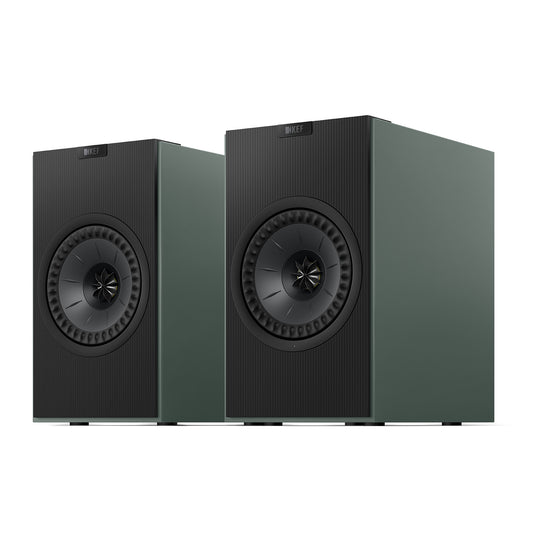 Pair of KEF Coda W Speakers in moss green on white background