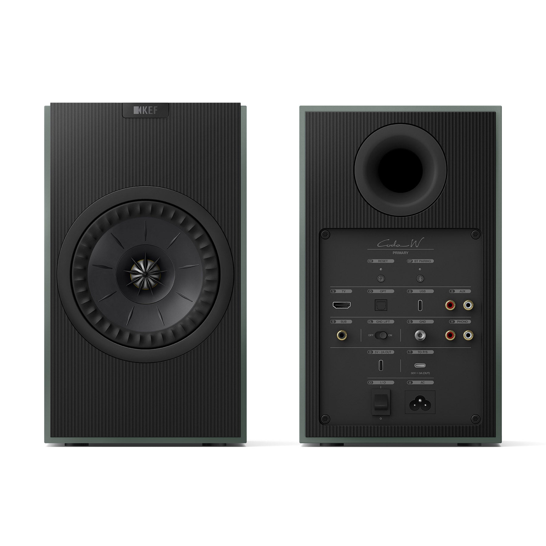Front and rear view of Pair of KEF Coda W Speakers in moss green on white background
