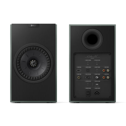 Front and rear view of Pair of KEF Coda W Speakers in moss green on white background