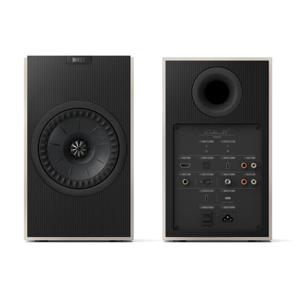 Front and rear view of KEF Coda W Speakers in nickel grey on white background