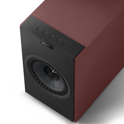 Top view of KEF Coda W All-In-One Wireless Hi-Fi Speakers in Vintage Burgundy on white background