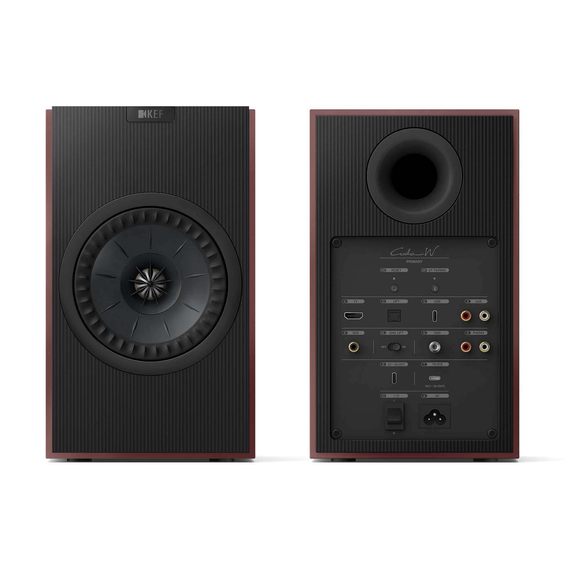 Front and rear view of KEF Coda W All-In-One Wireless Hi-Fi Speakers in Vintage Burgundy on white background