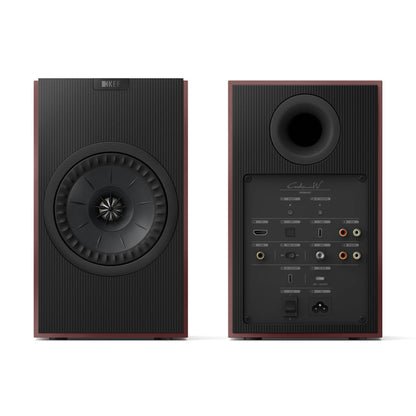 Front and rear view of KEF Coda W All-In-One Wireless Hi-Fi Speakers in Vintage Burgundy on white background