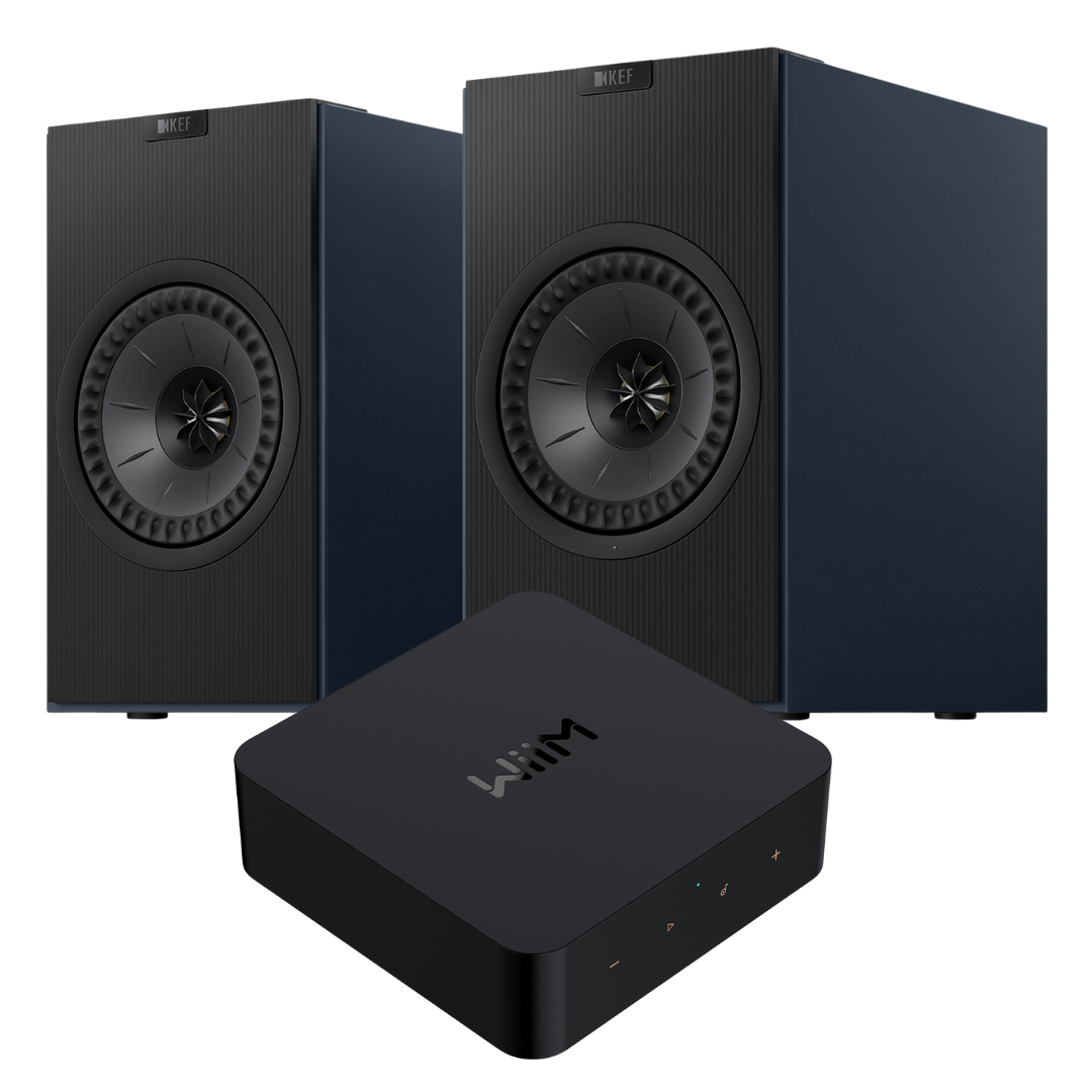 Blue KEF Coda W WiiM Pro Streaming System on white background