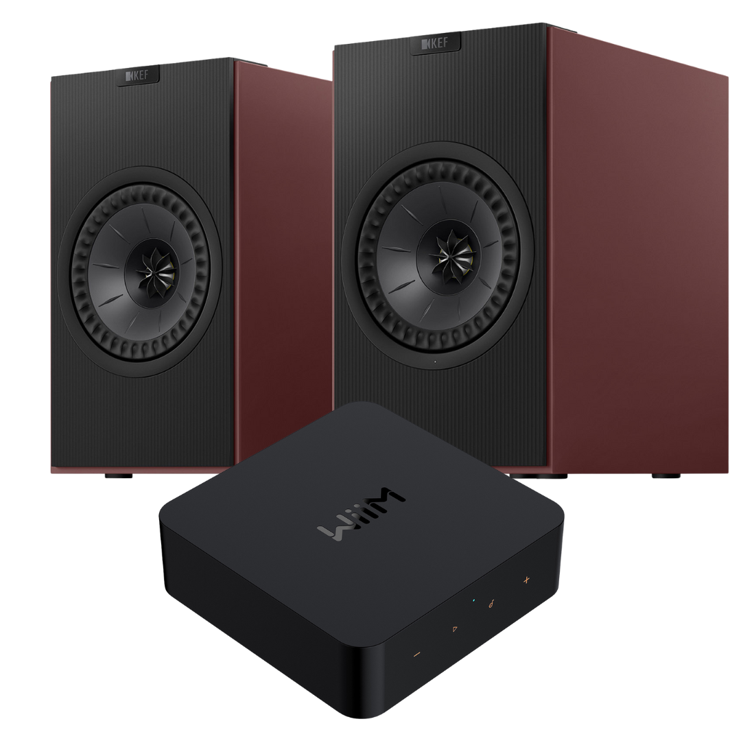Burgundy KEF Coda W WiiM Pro Streaming System on white background