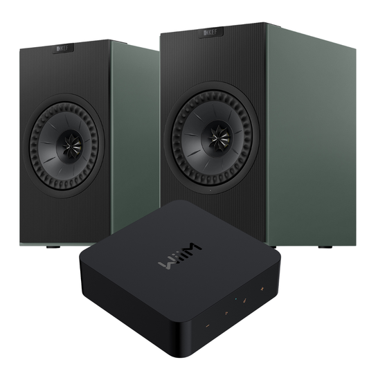 Green KEF Coda W WiiM Pro Streaming System on white background