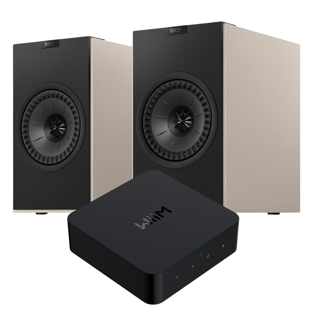 Grey KEF Coda W WiiM Pro Streaming System on white background