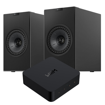 Titanium KEF Coda W WiiM Pro Streaming System on white background