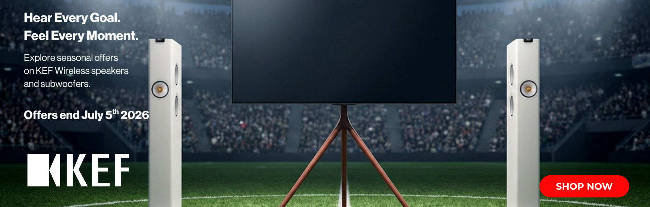KEF wireless speakers with a sports event background and promotional text.
