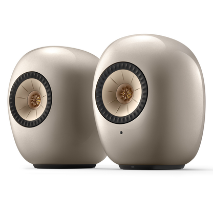 KEF LS LUXE Wireless Powered Speakers in dusk Titanium finish on white background