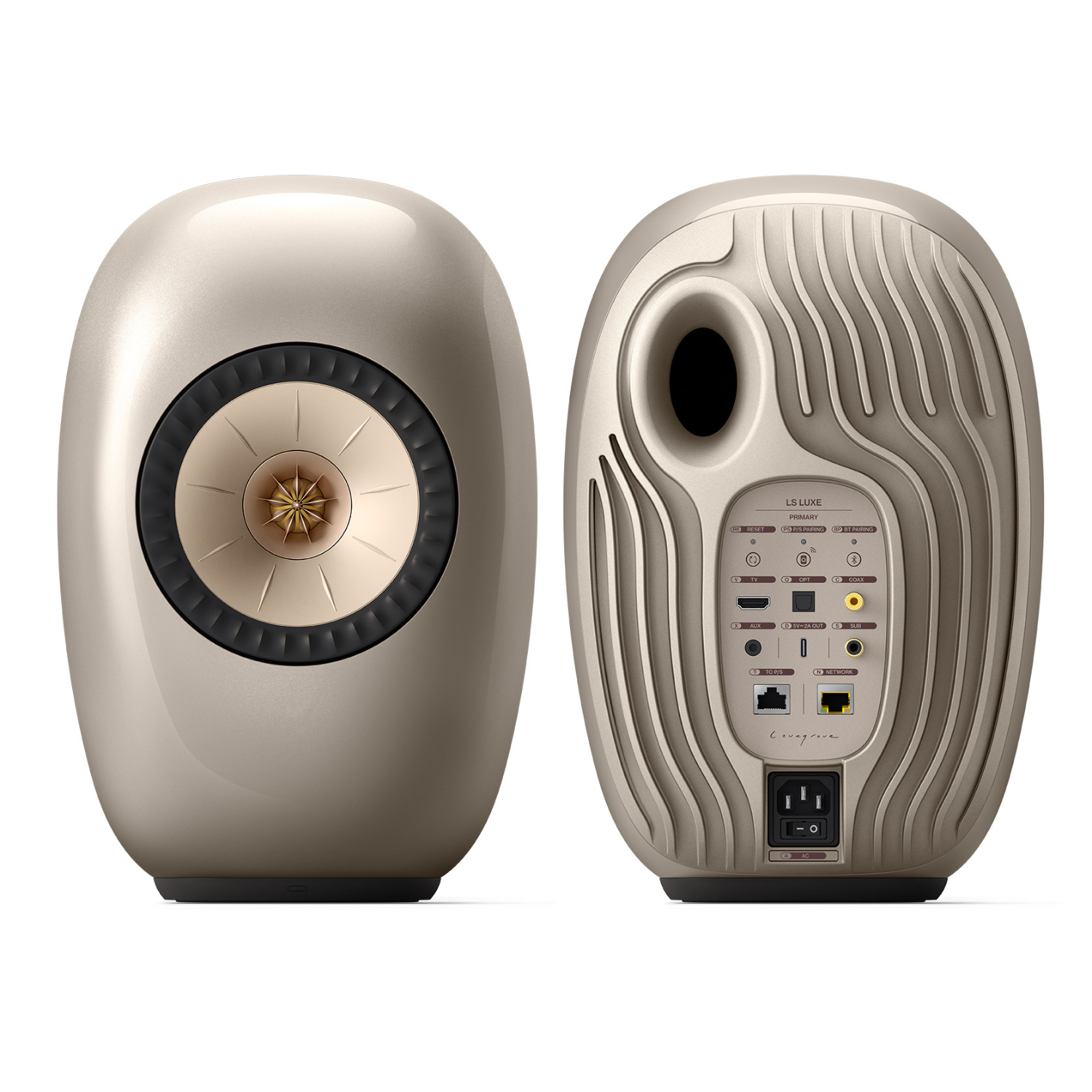 Front and Back of KEF LS LUXE Wireless Powered Speakers in dusk Titanium finish on white background