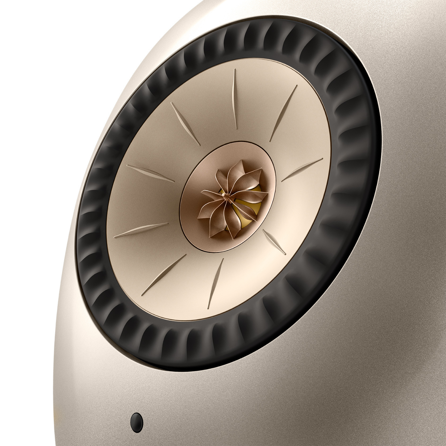 Close up of KEF LS LUXE Wireless Powered Speakers in dusk Titanium finish on white background