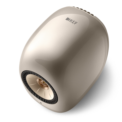 Top view of KEF LS LUXE Wireless Powered Speakers in dusk Titanium finish on white background