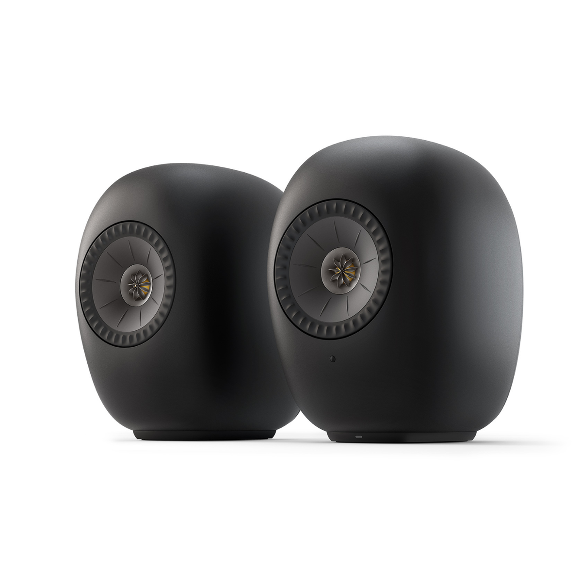 KEF LS LUXE Wireless Powered Speakers in Eclipse Black finish on white background