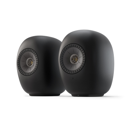 KEF LS LUXE Wireless Powered Speakers in Eclipse Black finish on white background