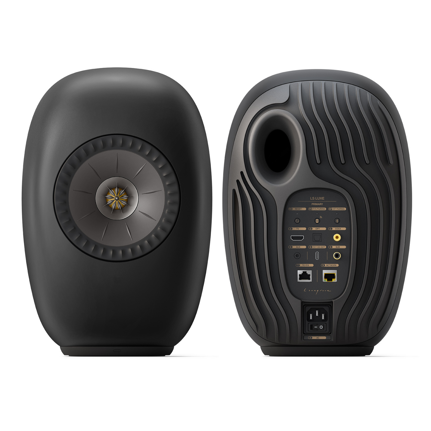Front and back view of KEF LS LUXE Wireless Powered Speakers in Eclipse Black finish on white background