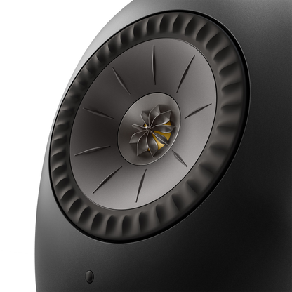 Close uo of KEF LS LUXE Wireless Powered Speakers in Eclipse Black finish on white background
