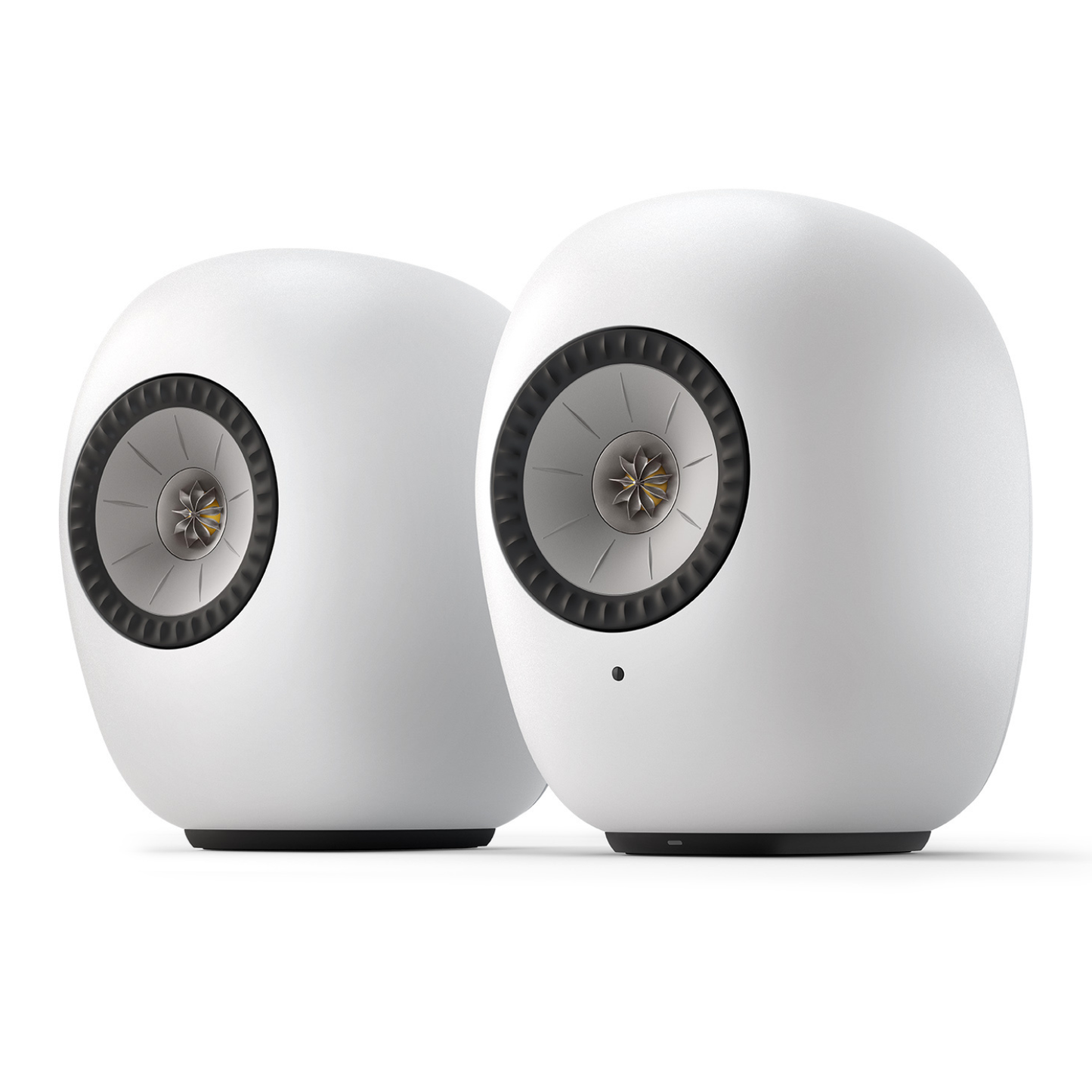 Pair of white KEF LS LUXE Wireless Powered Speakers on white background